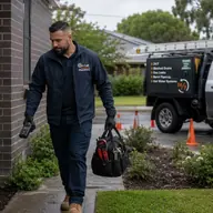 Plumber carrying equipment to a property, Beaumaris