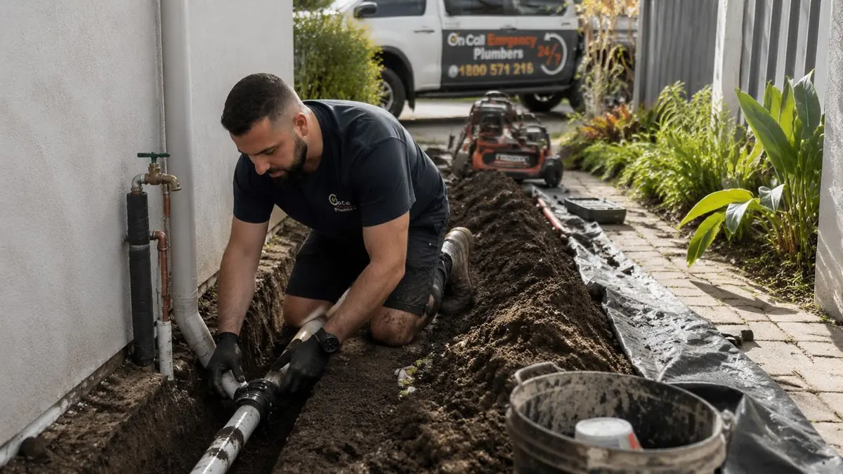 Plumber repairing underground pipework, Beaumaris