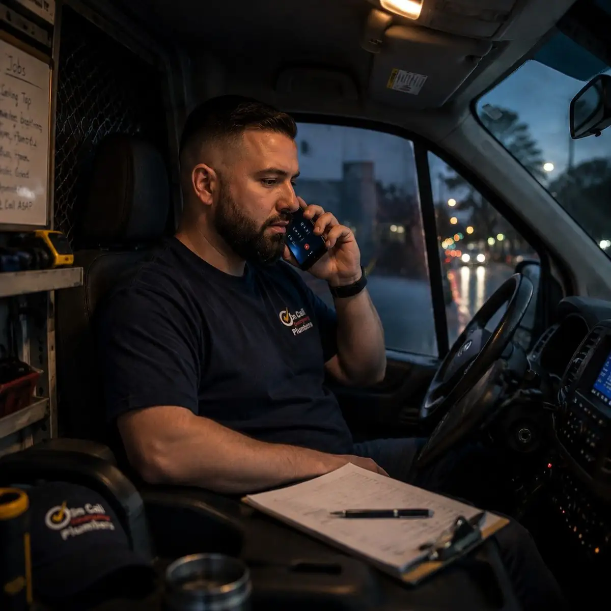 Plumber responding to an emergency call, Beaumaris