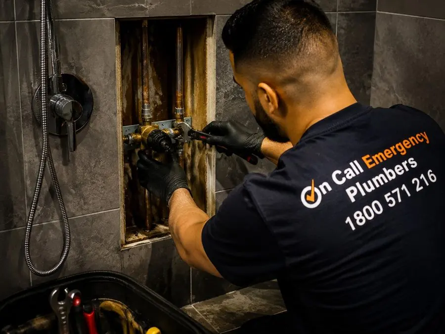 Plumber repairing a shower valve, Beaumaris