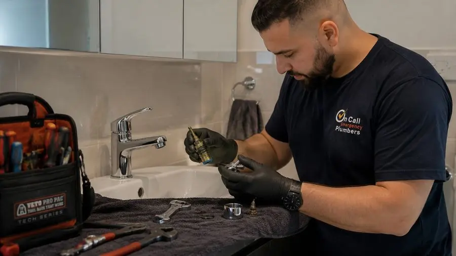 Plumber repairing a bathroom tap, Beaumaris