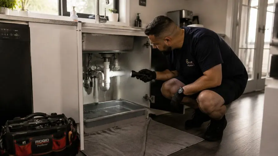 Plumber inspecting pipework beneath a kitchen sink, Beaumaris