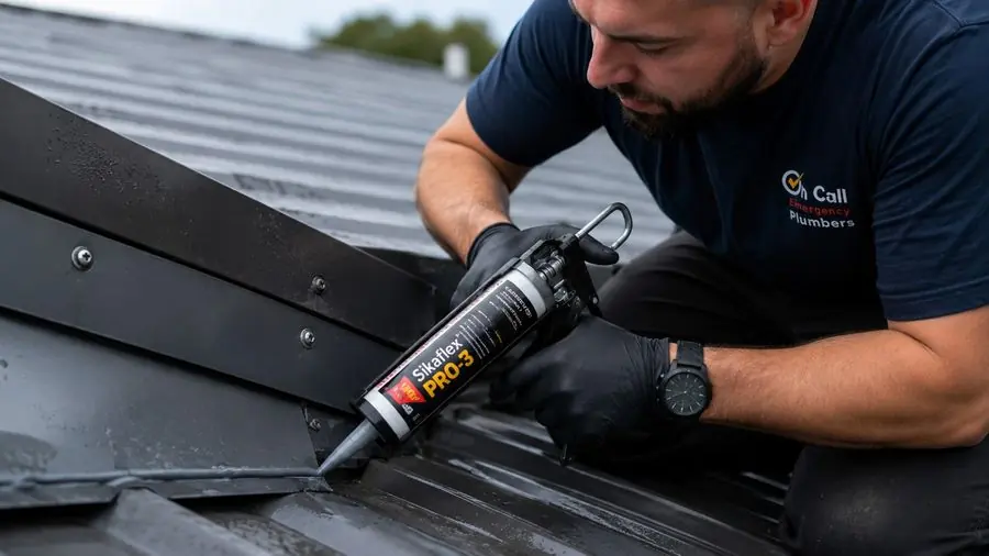 Plumber repairing roof flashing, Beaumaris