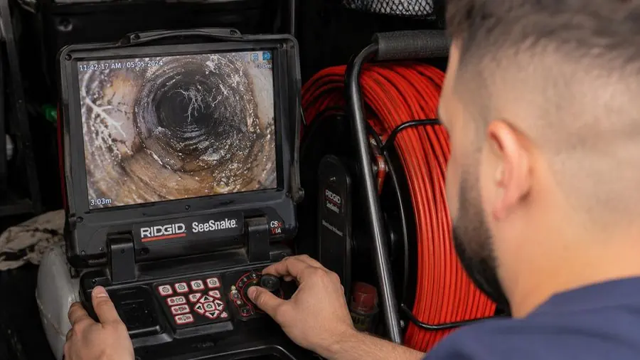 Plumber examining a CCTV drain inspection monitor, Beaumaris